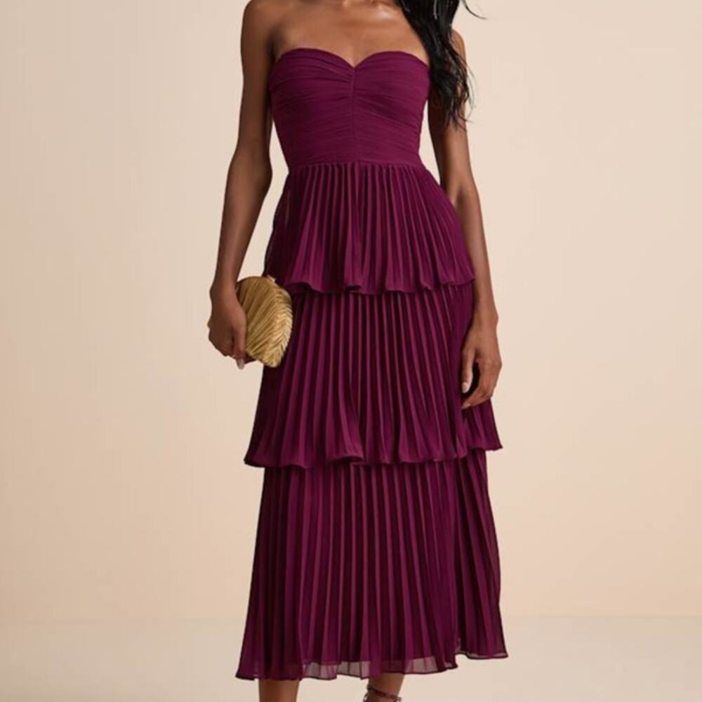 NEW Lulus Seriously Sensational Plum Sweetheart Strapless Tiered Midi Dress